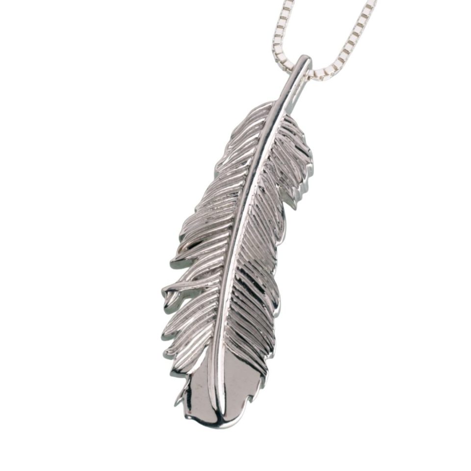 Sterling silver feather pendant symbolizing peace, faith, or remembrance.