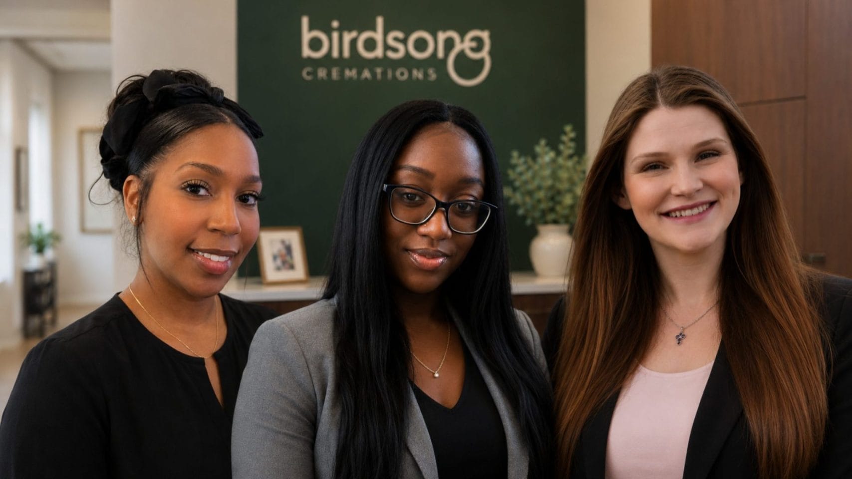 Birdsong Cremations team members Taryn Alexander, Leondra McCullough, and Peyton Stewart providing compassionate cremation guidance to Houston families.