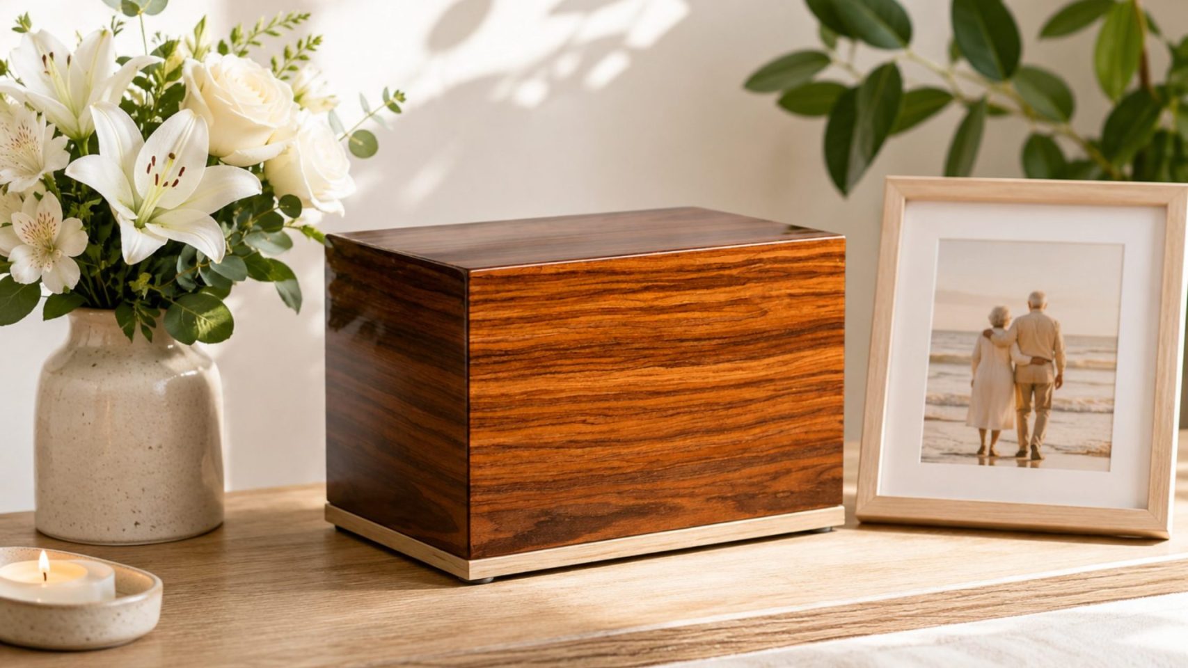 Birdsong Cremations Holmes Urn in Warm Brown displayed with flowers and a framed photograph