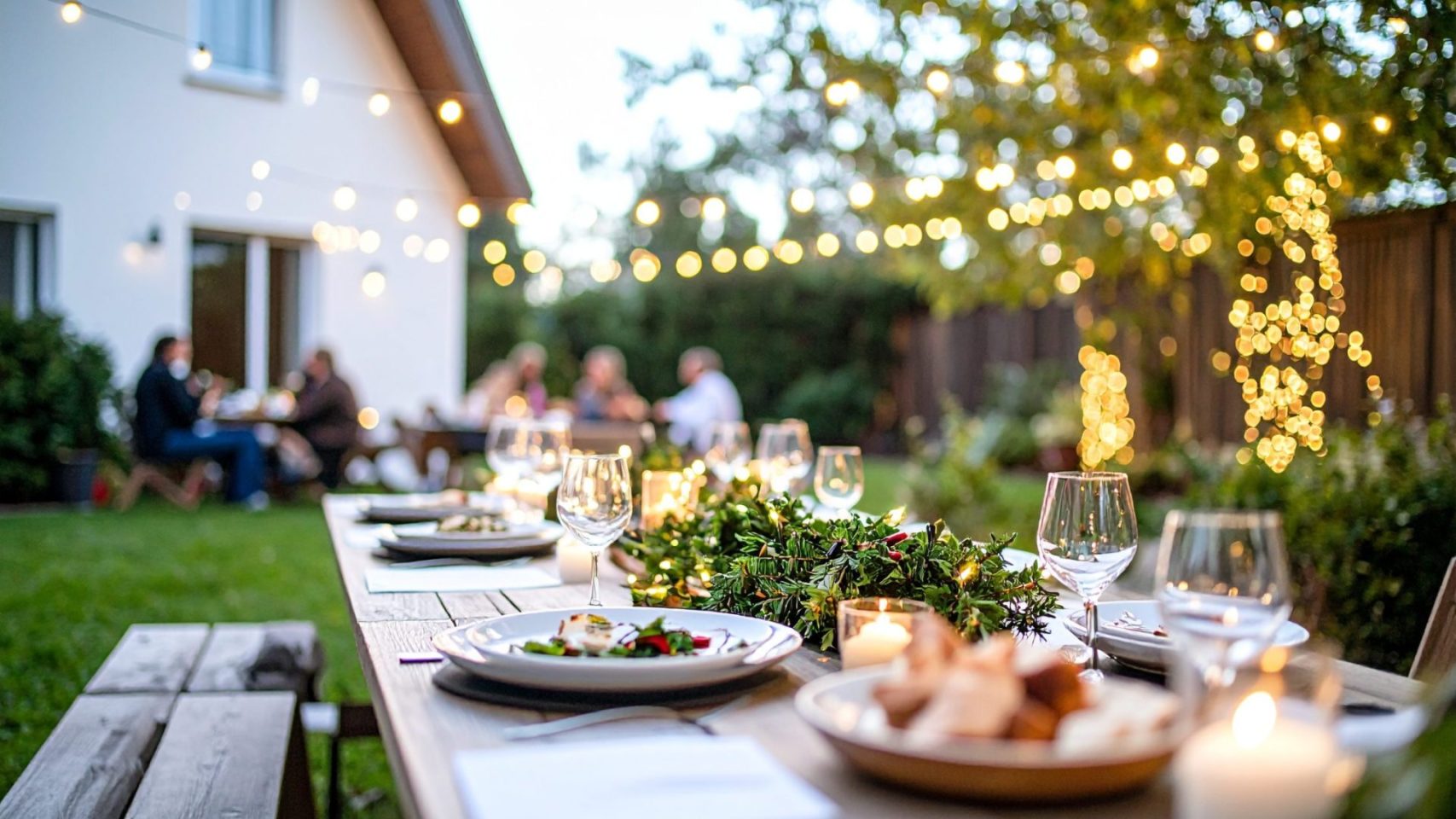 Backyard table with candles and lights for a celebration of life gathering
