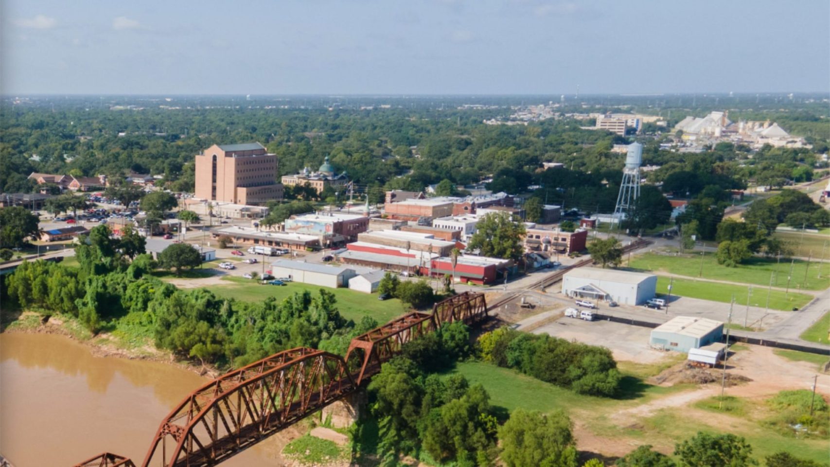 Aerial view of downtown Richmond, Texas, highlighting the community served by Birdsong Cremations