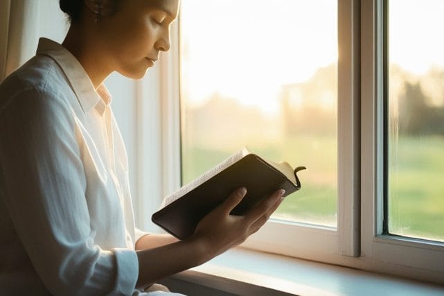 Woman reading the Bible by a window in soft light, representing comfort and Christian hope after cremation.