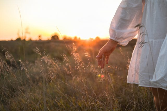 person walking through field at sunset symbolizing peaceful remembrance after cremation