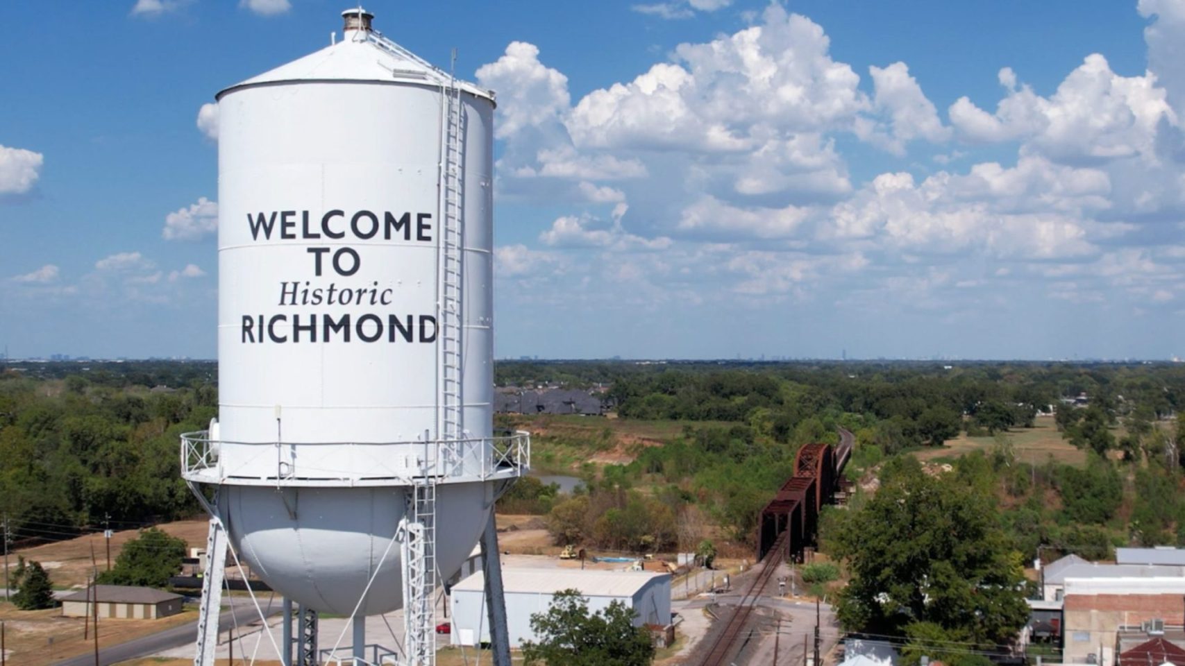 Historic Richmond, Texas water tower overlooking the community in Fort Bend County