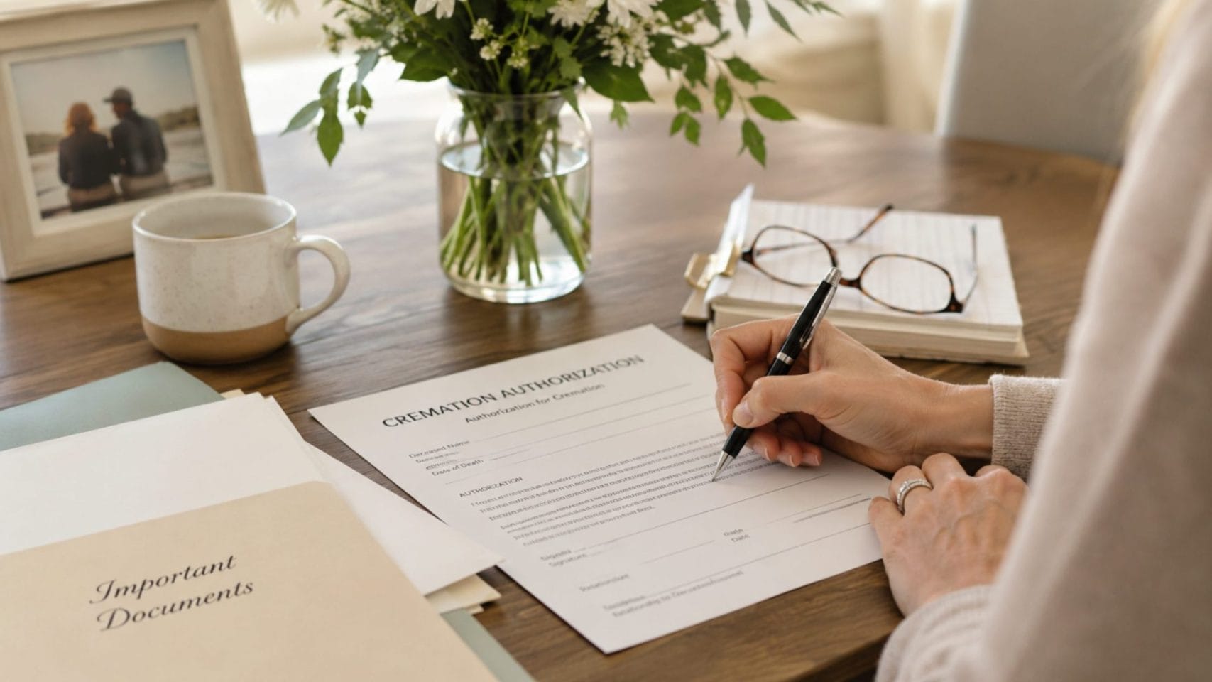 Person signing cremation authorization paperwork at a table