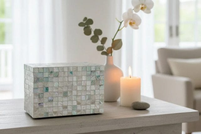 Decorative urn with candle and flowers, representing simple direct cremation options for Houston families.