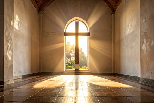 Sunlight shining through a cross representing resurrection, hope, and eternal life for Christians.
