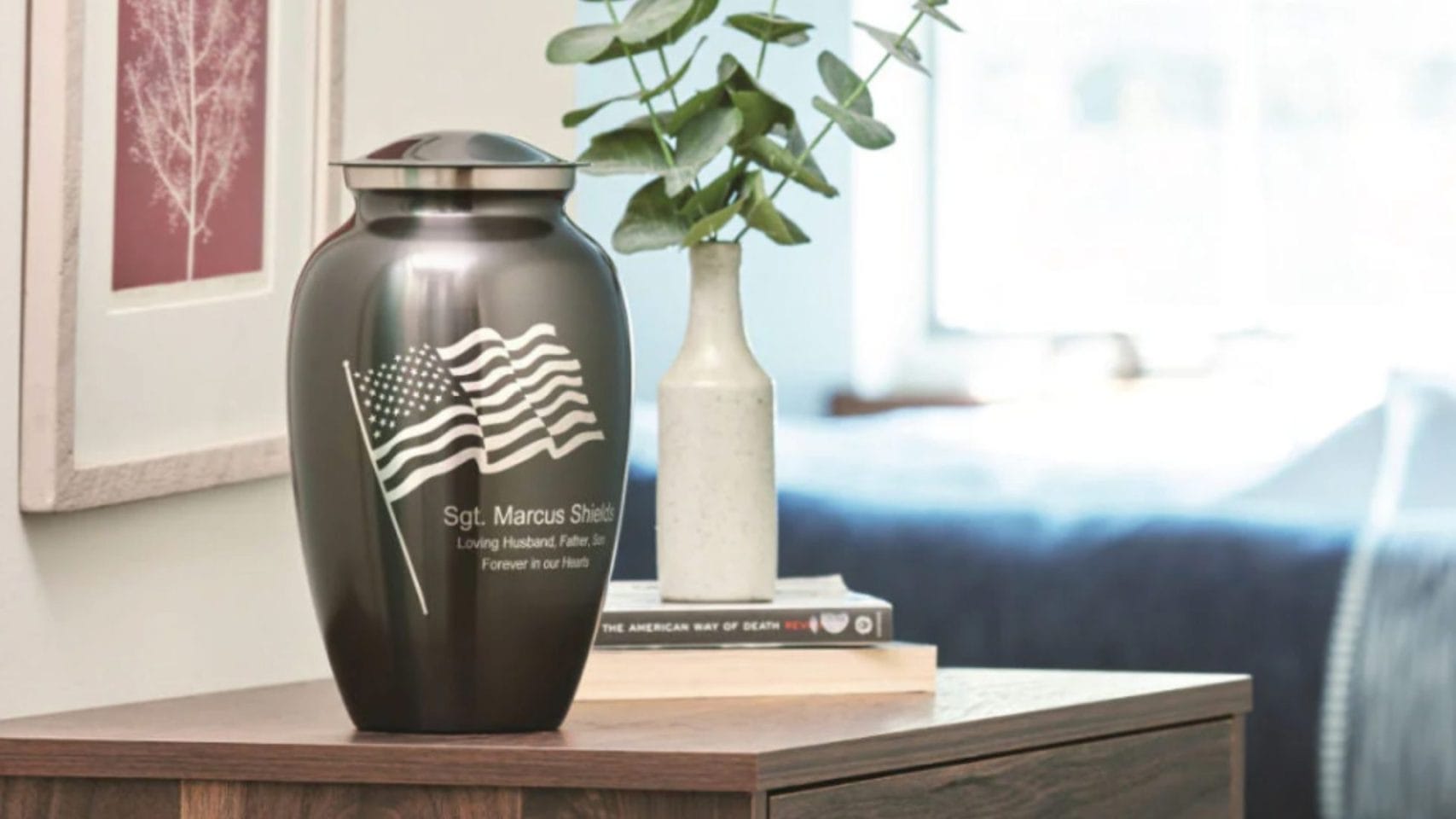 Veteran memorial urn displayed in a home after cremation, representing personalized memorial options from Birdsong Cremations