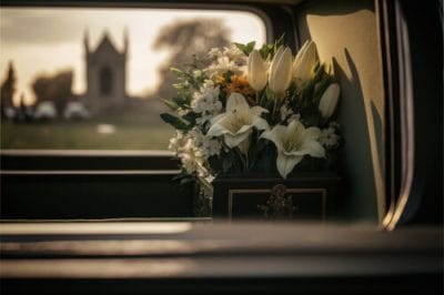 Funeral flowers in the back of a hearse driving through a cemetery at sunset